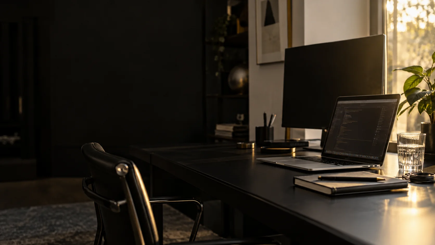 A softly lit software workspace with a silver laptop and black desk. Editorial illustration for A connected WebLab Corp operations workspace.
